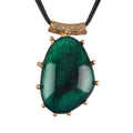 Green teardrop statement pendant necklace on black faux leather cord with gold bail and studs