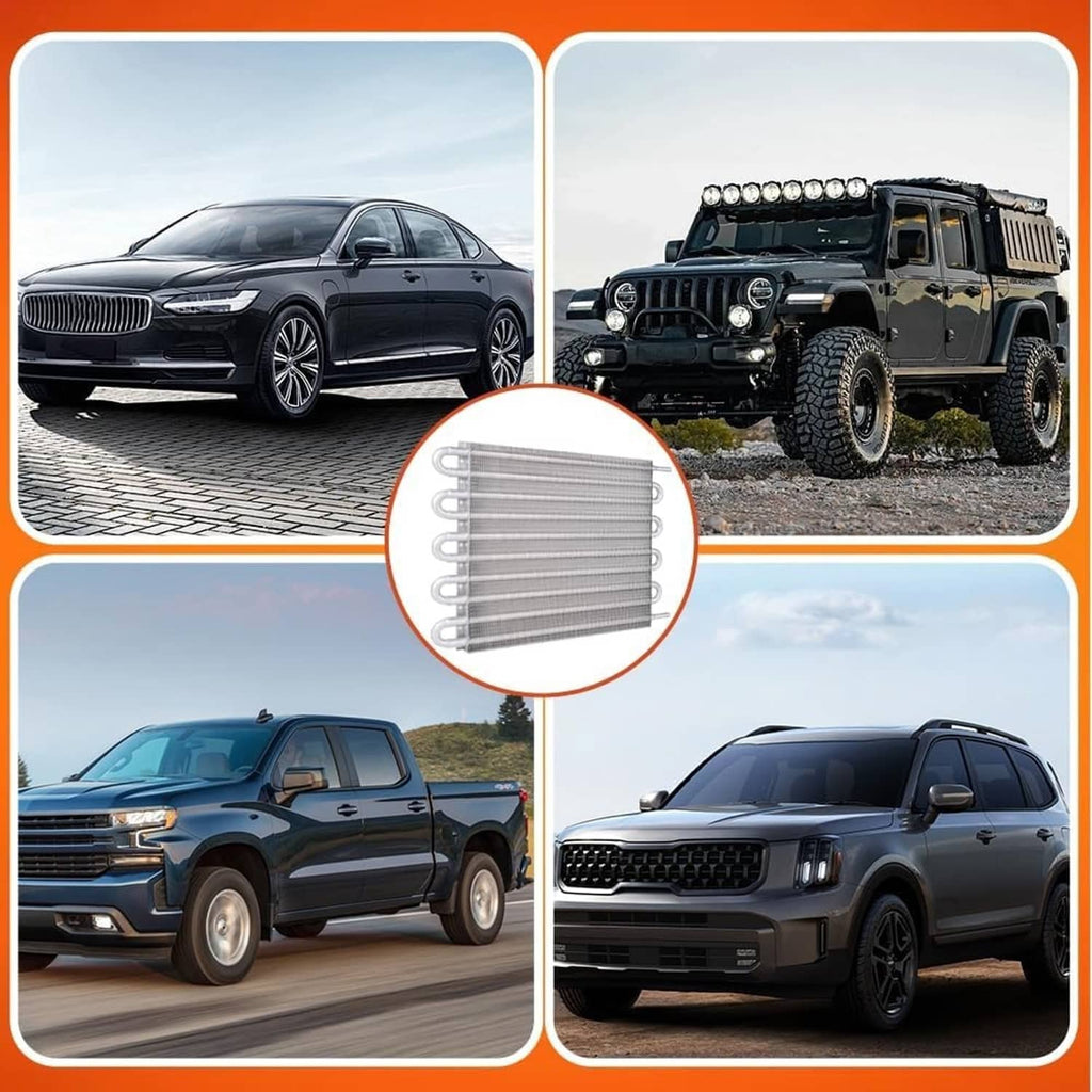 Oil cooler radiator kit shown as compatible for many vehicles with cooler detail inset