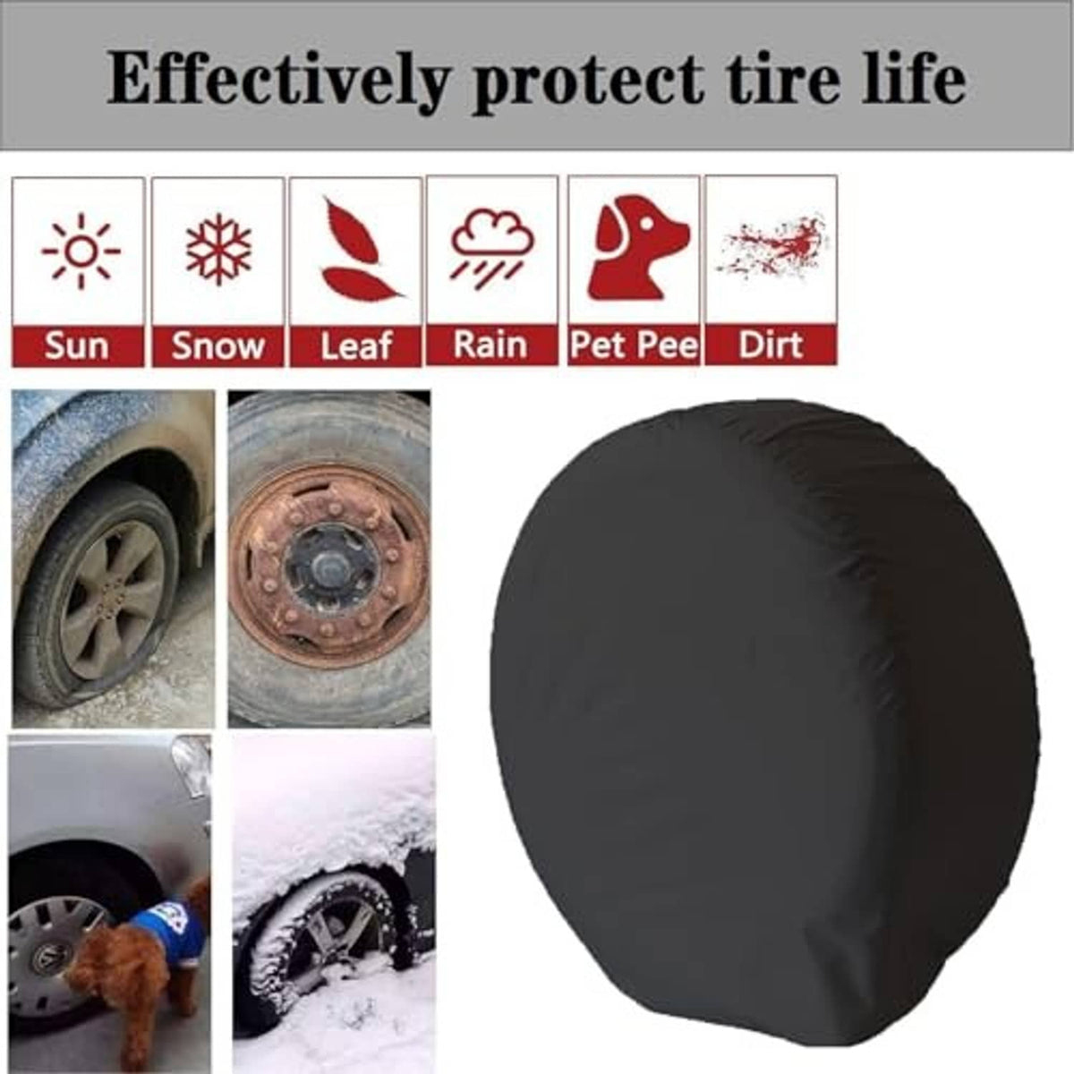 Black RV wheel tire cover helps protect from sun, snow, rain, and dirt