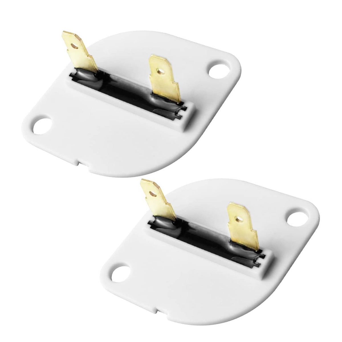 Set of 2 white dryer thermal fuses with yellow terminal blades and mounting holes