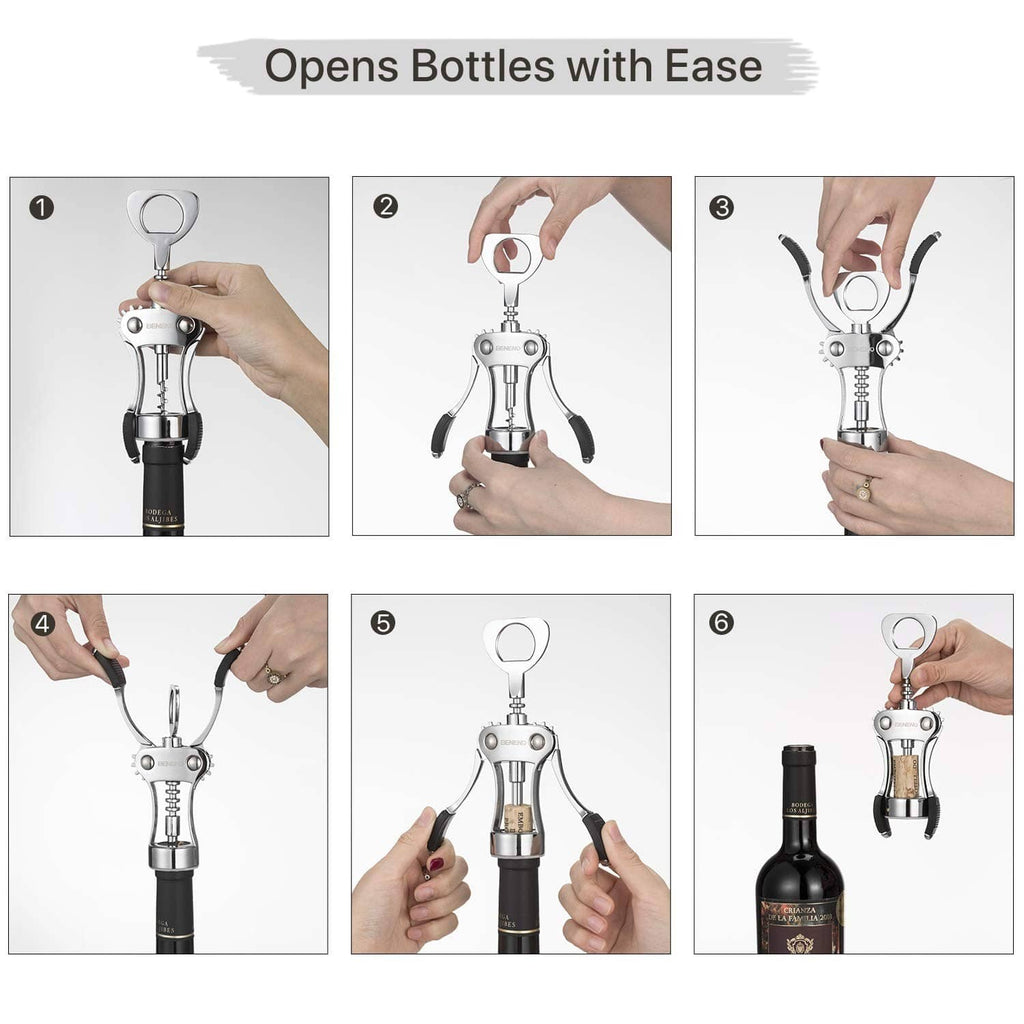 Silver wing corkscrew bottle opener shown in step-by-step opening positions