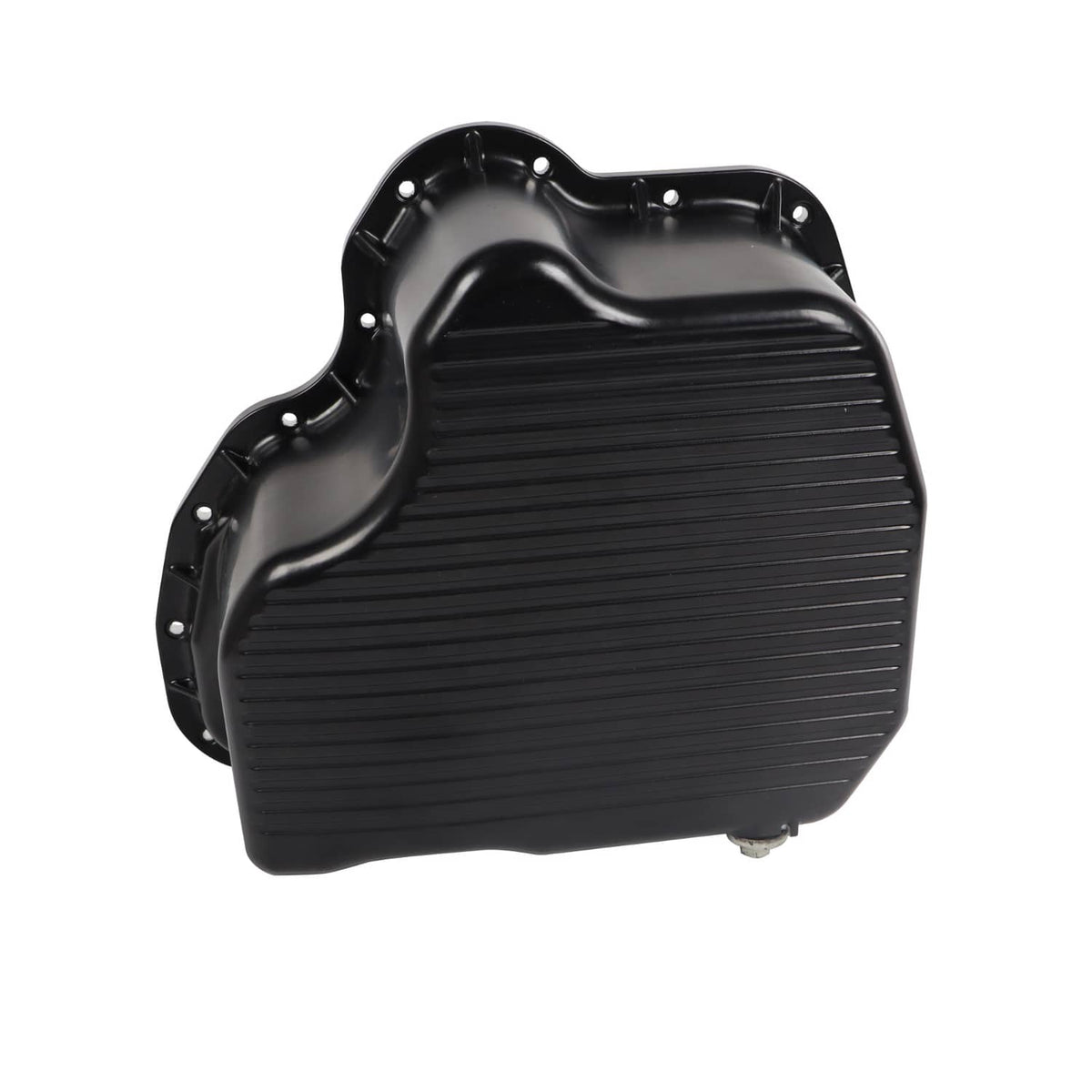 Black oil pan with inner baffle and mounting holes