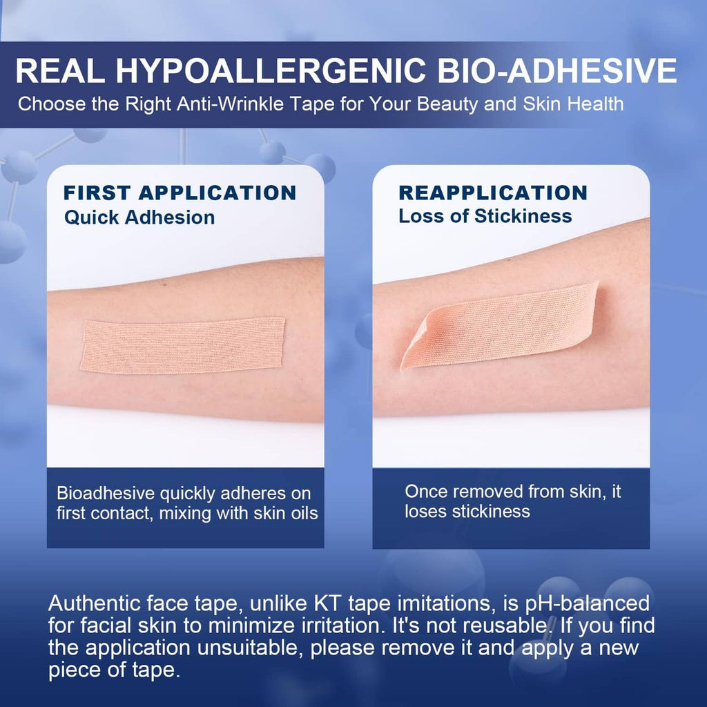 Beige bio-adhesive tape strip on forearm for quick application and re-stick