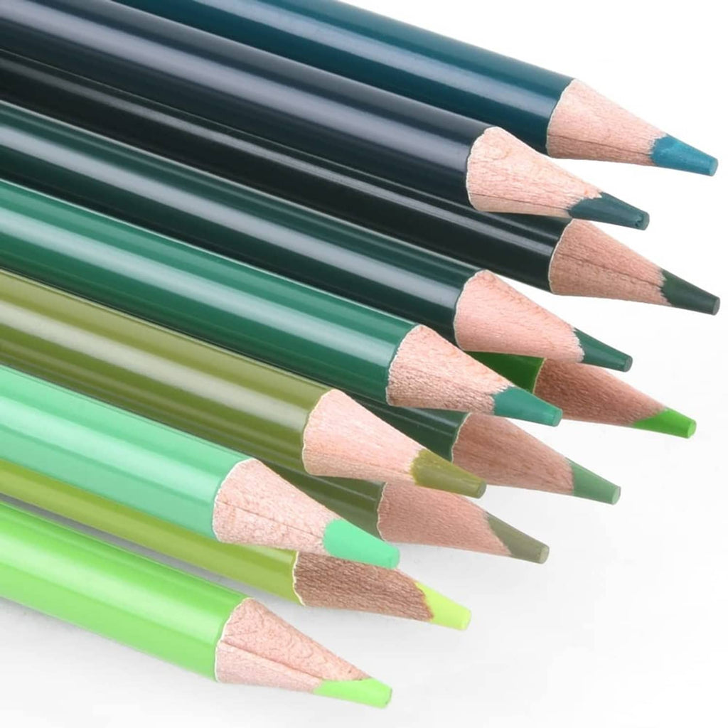 Close-up of green colored pencil tips and exposed wood, in assorted shades