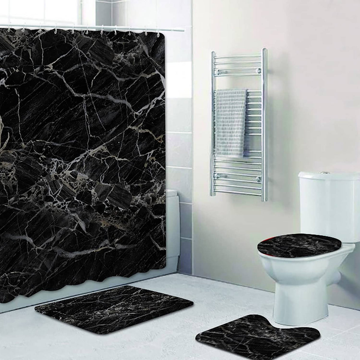 Black marble shower curtain with non-slip bath rugs beside toilet and shower
