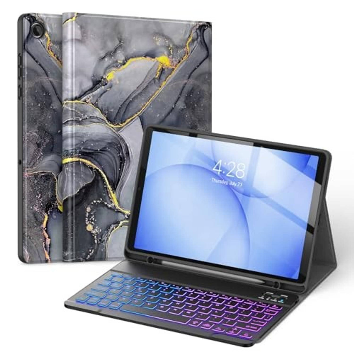 Black marble folio keyboard case with stand, tablet front view