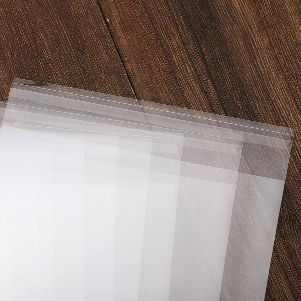Clear resealable cello bag stack with self-seal top, see-through plastic pouches