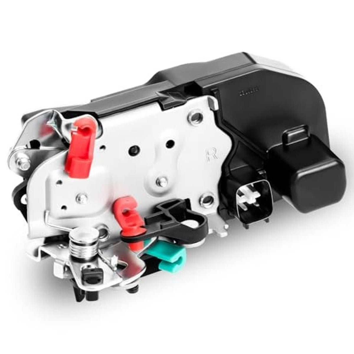 Door lock latch actuator, black housing with red release clips, metal mounting plate and pins