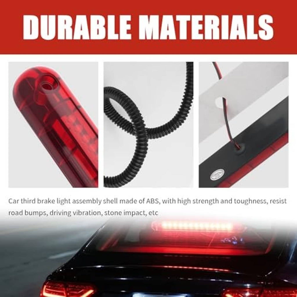 Red translucent third brake light assembly with black wiring harness and connector