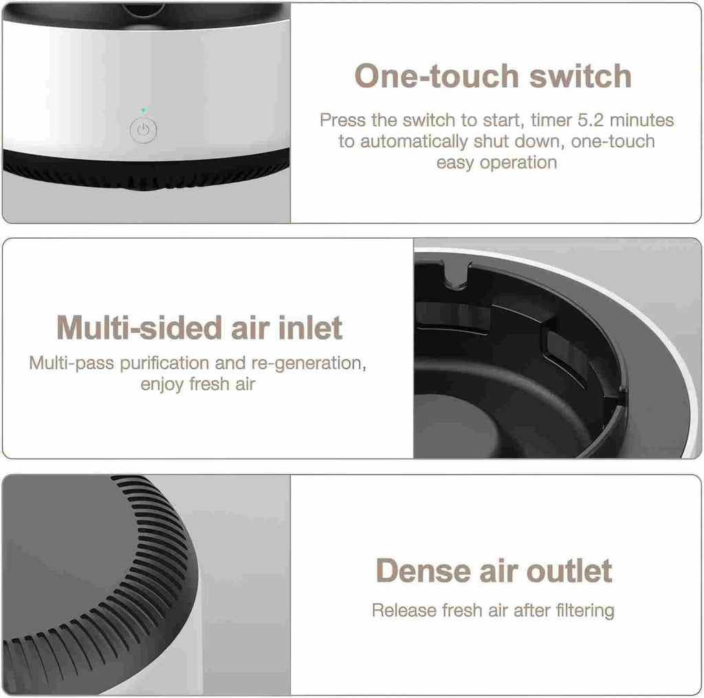 White air purifier showing one-touch switch, multi-sided air inlet, and dense air outlet