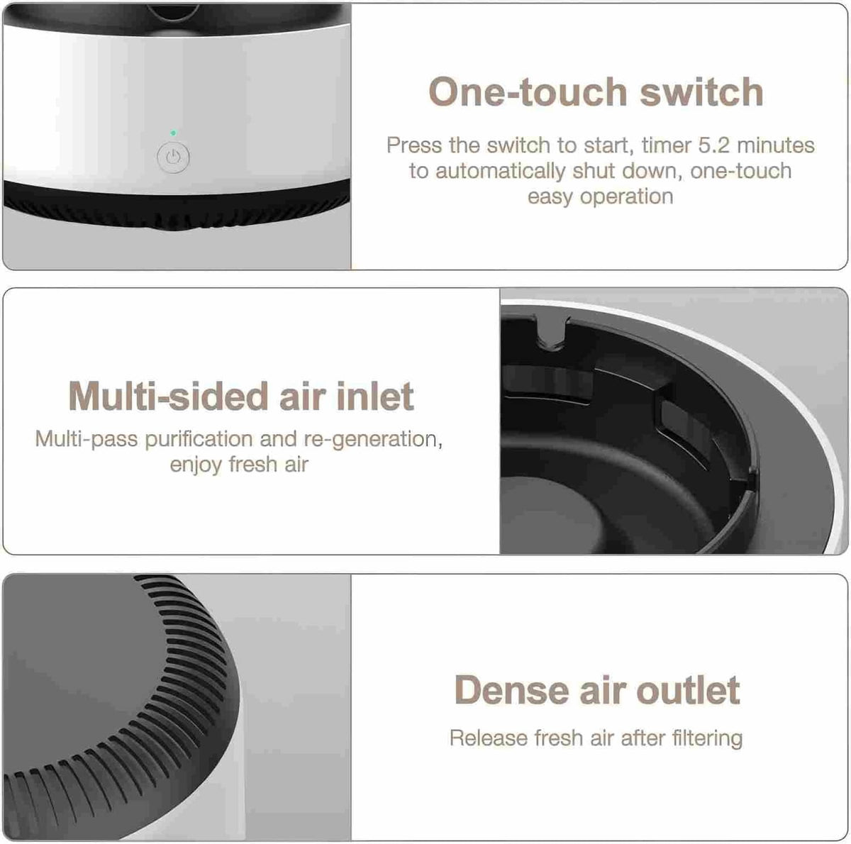 White air purifier showing one-touch switch, multi-sided air inlet, and dense air outlet