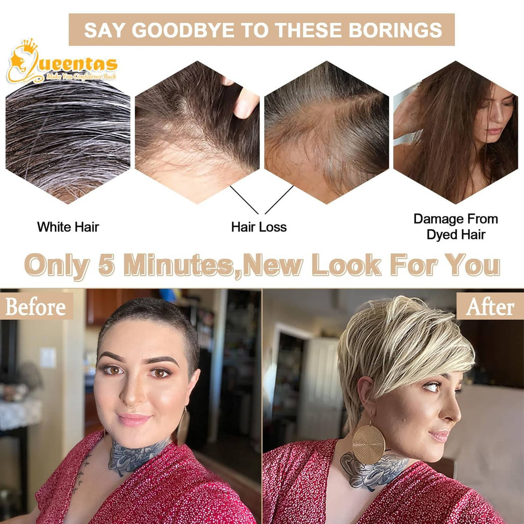 Short blonde pixie wig styled with side part and textured layers on head