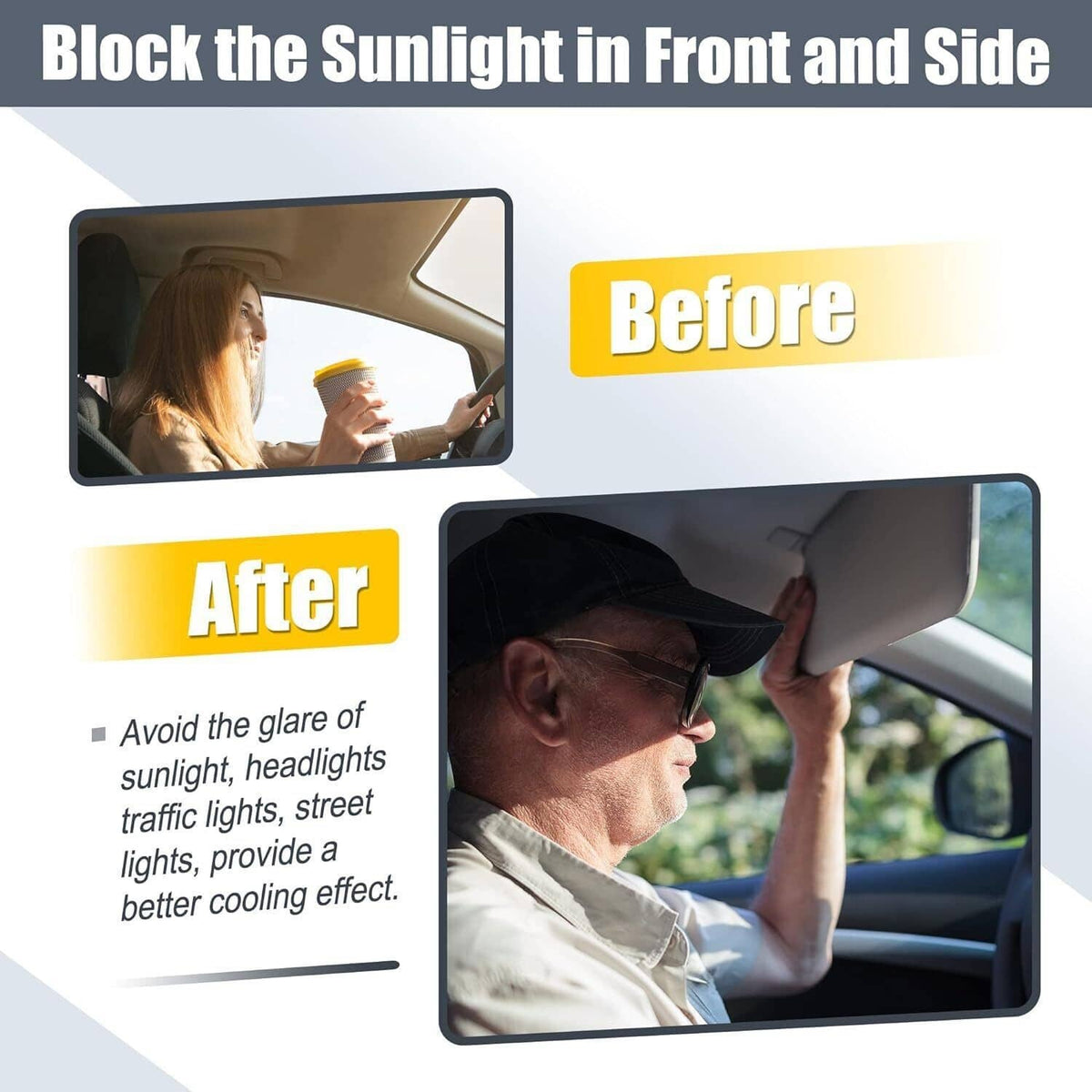 Gray car sun visor with mirror window shown in lowered position for sun glare