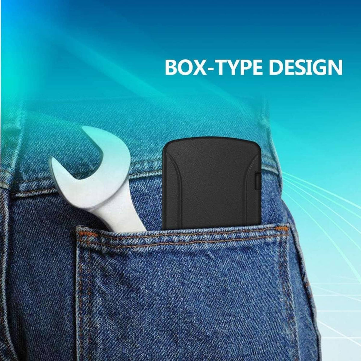 Black battery cover accessory for handheld digital multimeter, shown in denim pocket
