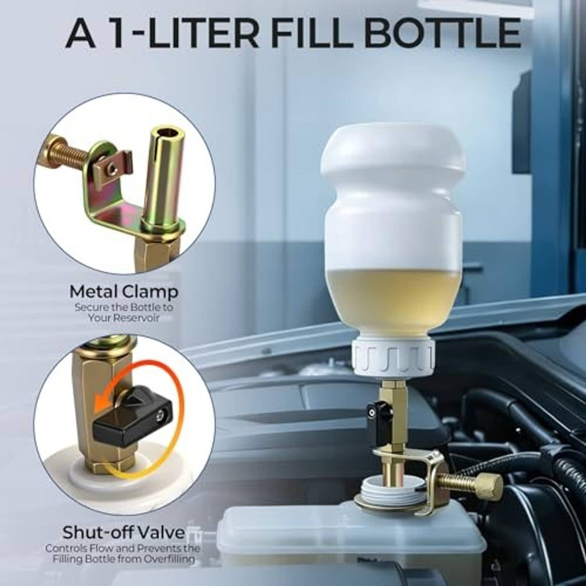 Brake bleeder bottle adapter with metal clamp and shut-off valve for reservoir filling