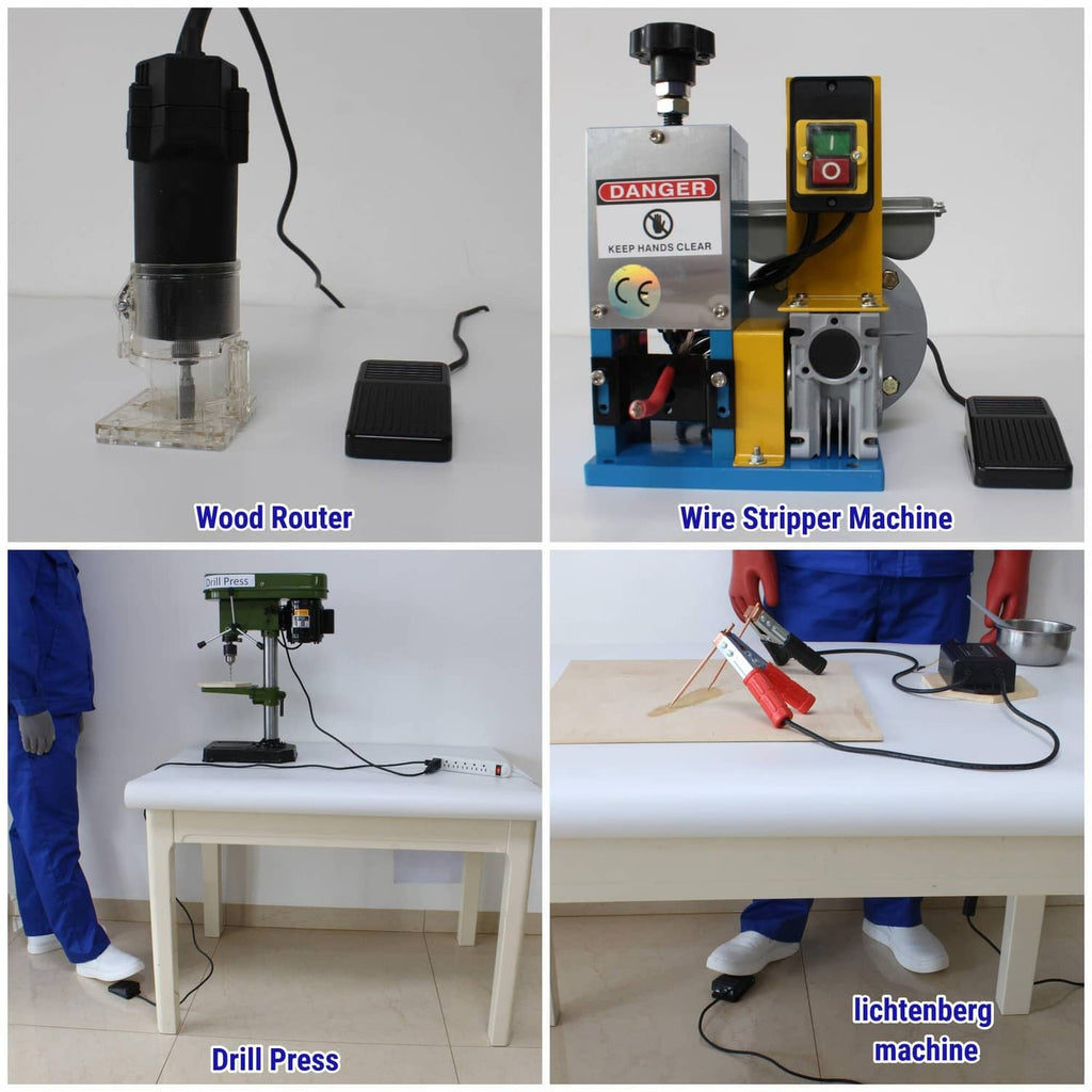 Wire stripper machine with yellow housing and connected foot pedal controls