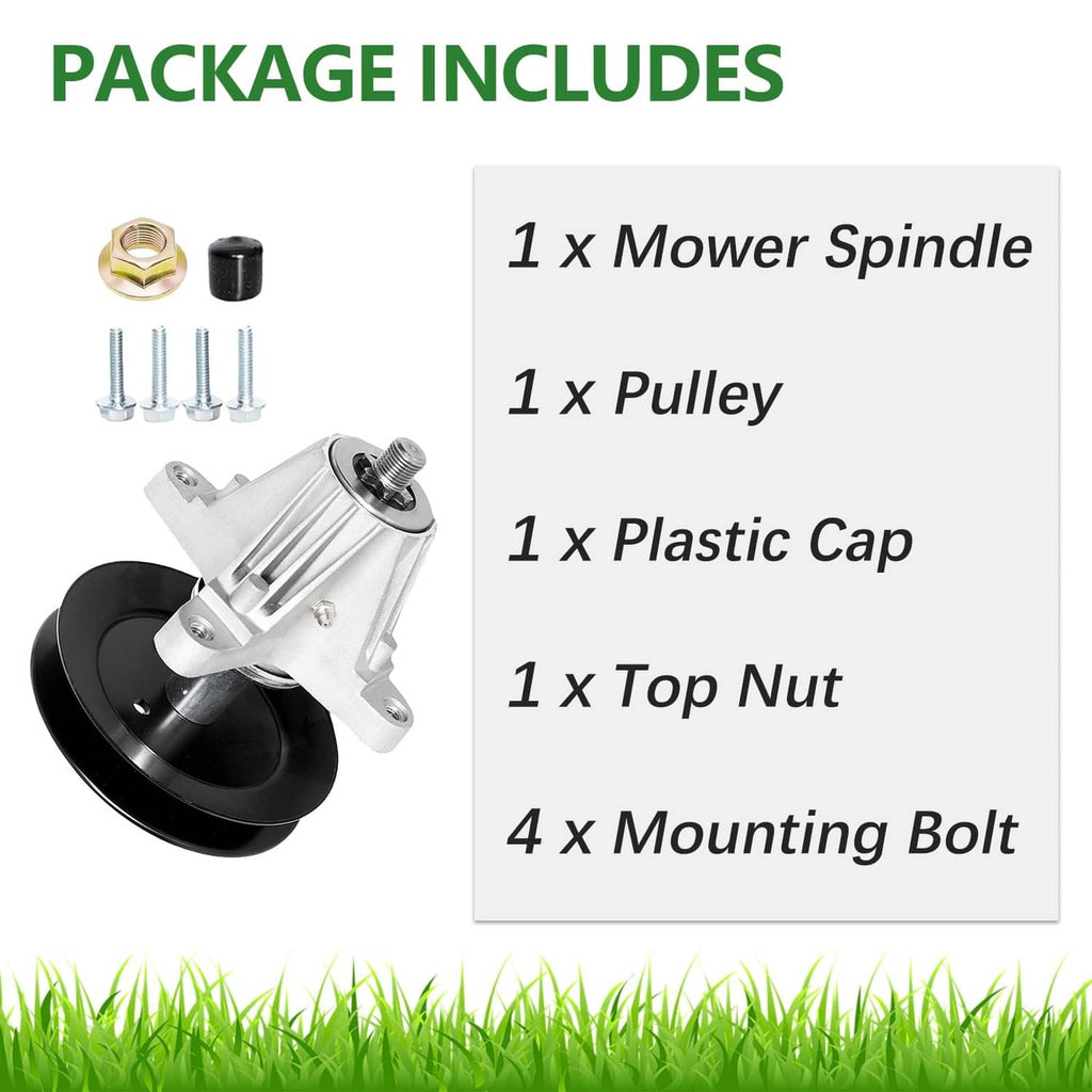 Mower spindle assembly kit with pulley, plastic cap, top nut, and mounting hardware
