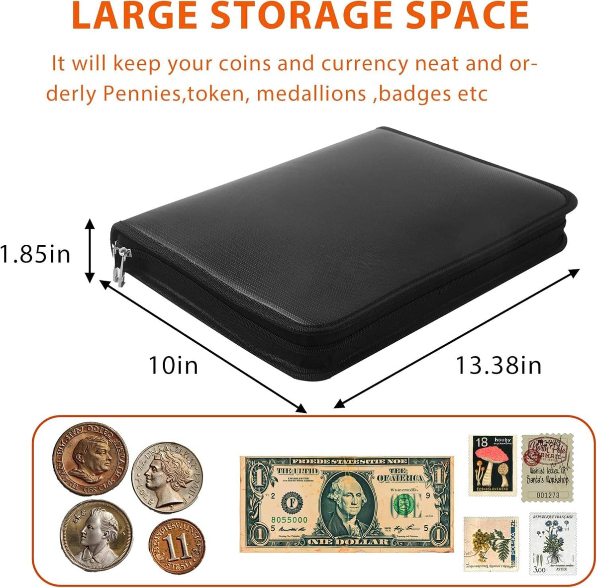 Coin collection album holder closed, black textured cover with zipper and binder.