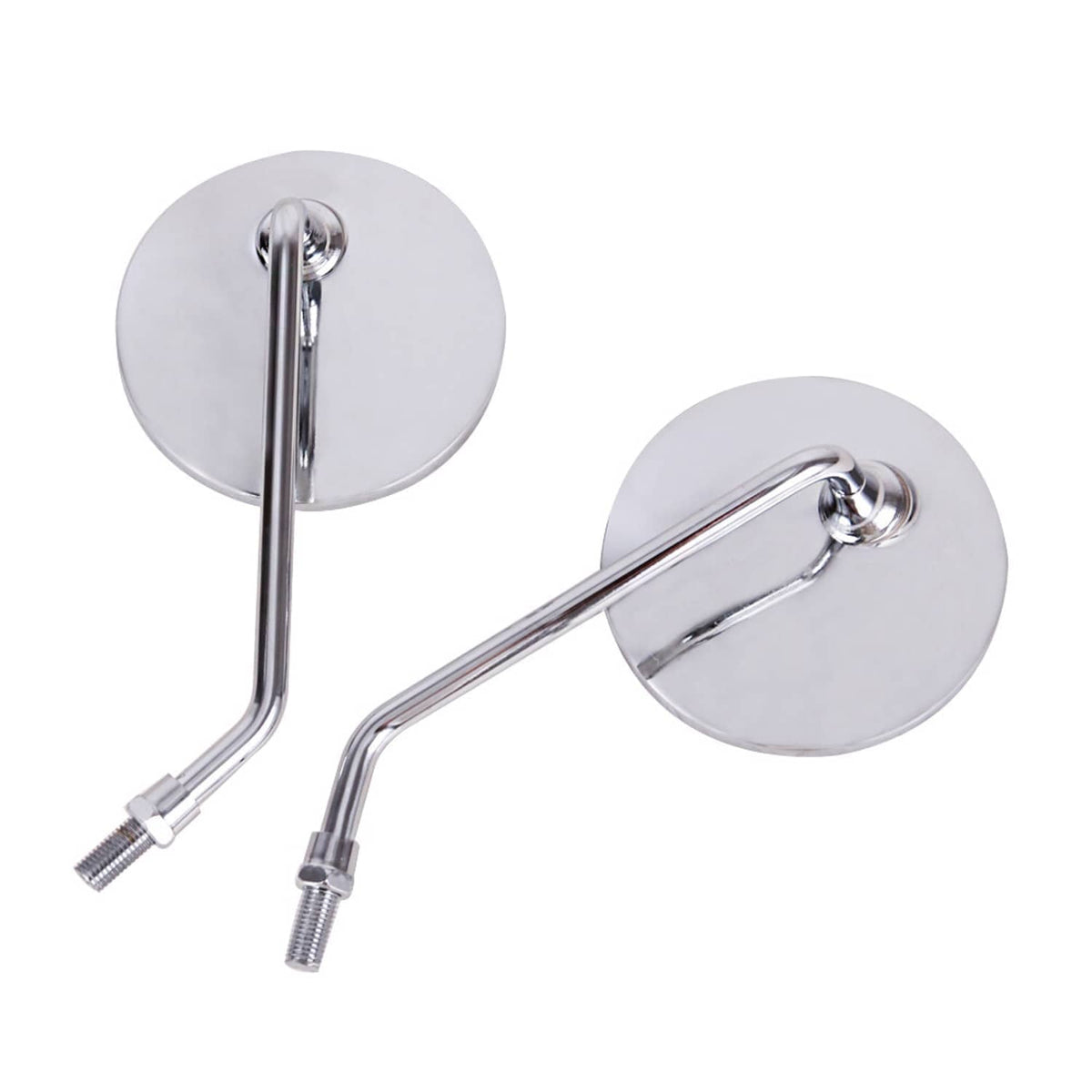 Chrome round motorcycle rearview mirrors with 10mm mounting threads, two-pack.