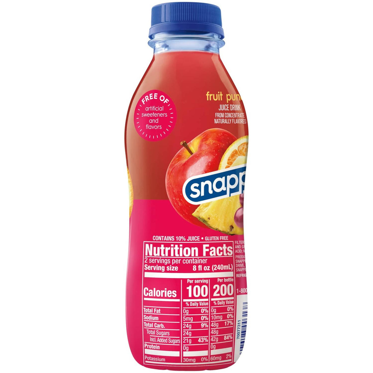Snapple fruit punch juice drink bottle back panel with Nutrition Facts and badges