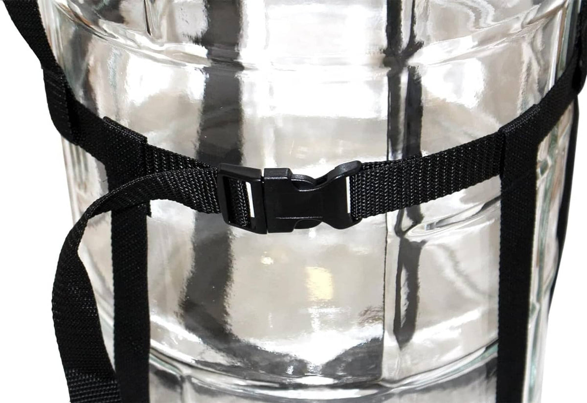 Glass carboy with black adjustable strap band and buckle at the upper section