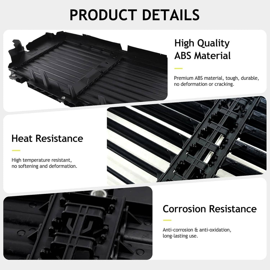Black ABS grille shutter assembly with ribbed slats and internal structural components