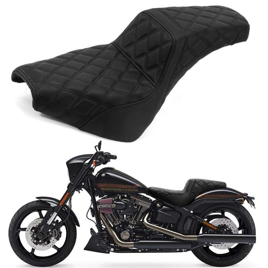 Black one-piece motorcycle seat with diamond stitching, high back, and tapered front