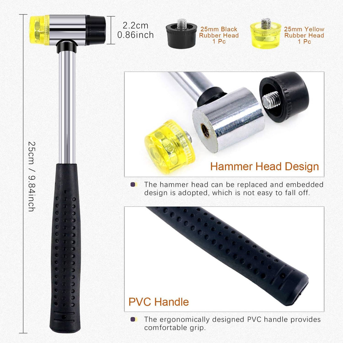 Grommet installation punch tool with black and yellow rubber head attachments