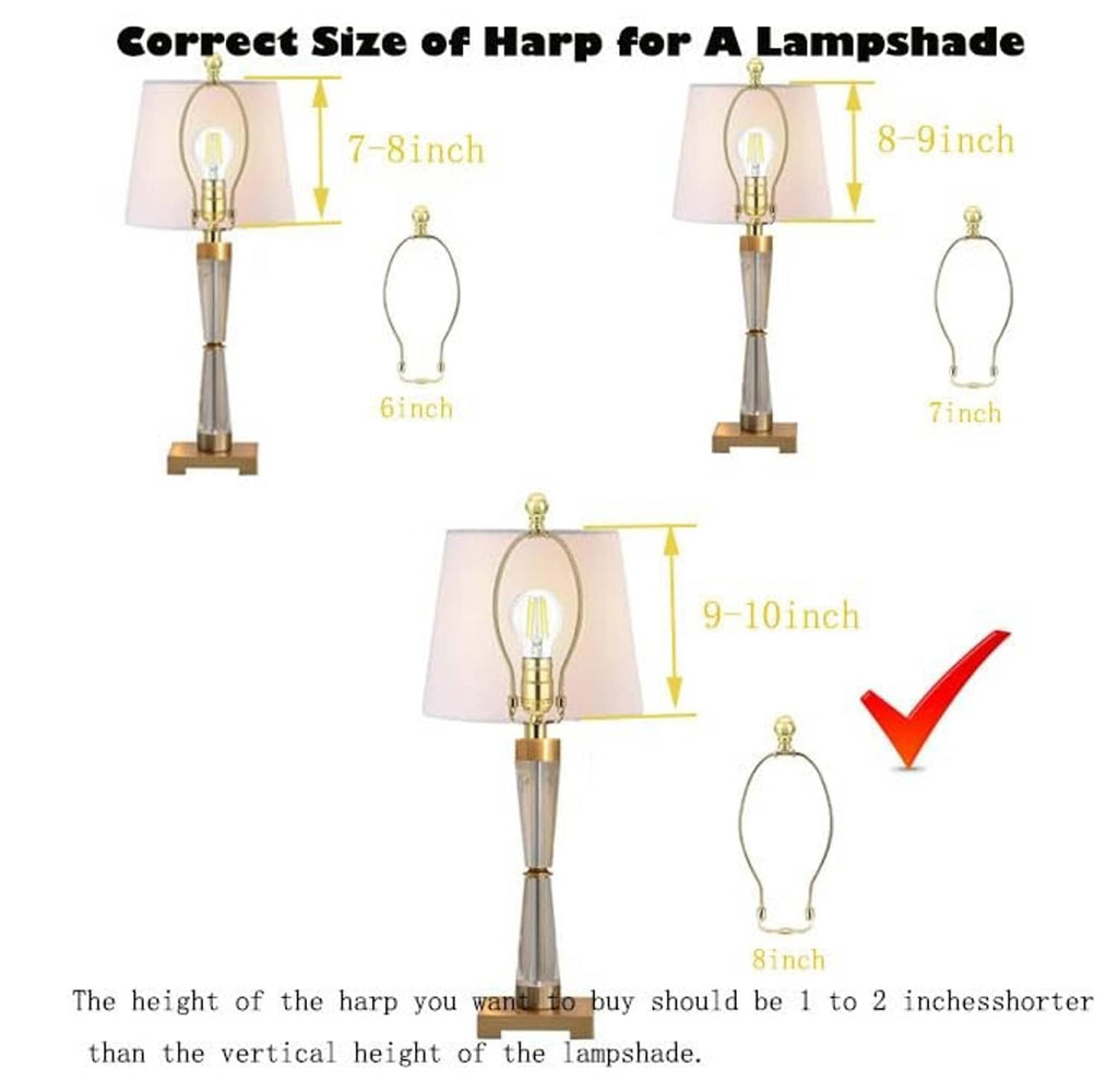 Polished brass lamp harp holder with curved frame and top socket ring, height guide