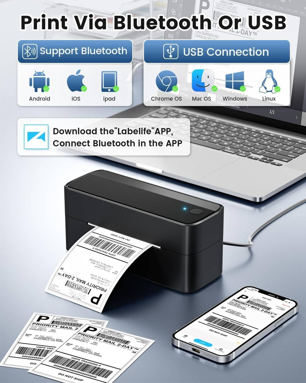 Black label printer with label inserted, shown for Bluetooth and USB printing