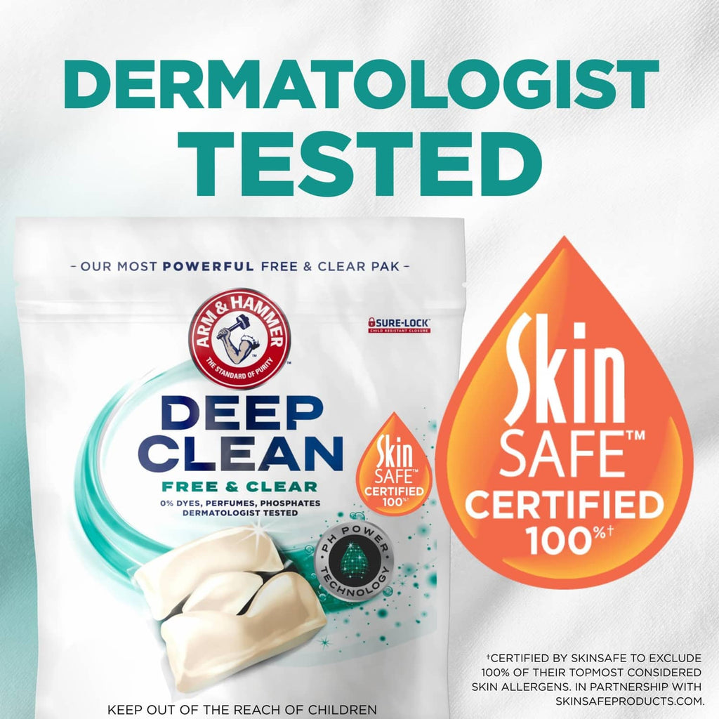 Laundry detergent pouch with Skin Safe Certified 100% badge and Deep Clean logo