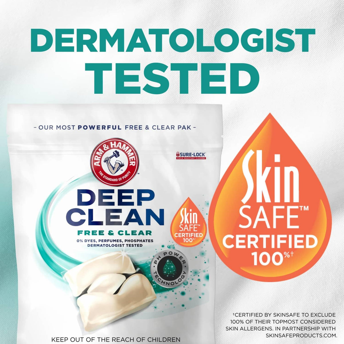Laundry detergent pouch with Skin Safe Certified 100% badge and Deep Clean logo