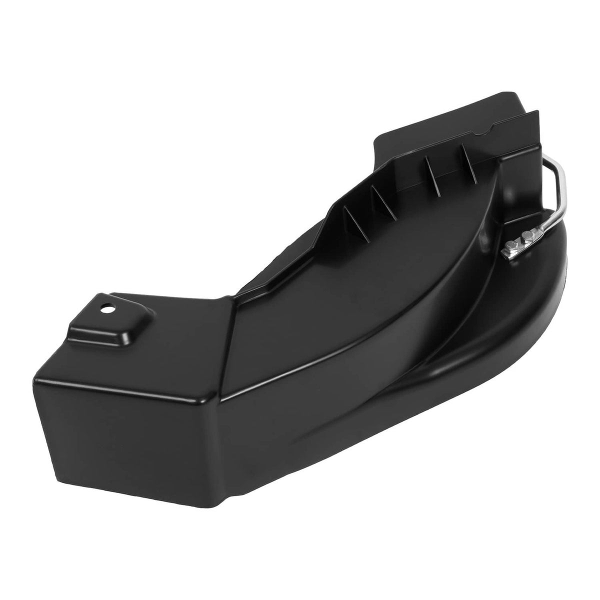 Black mulching discharge cover with raised ribbing and metal latch bracket