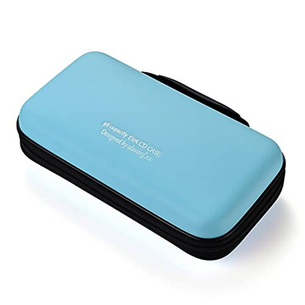Sky blue hard EVA DVD/CD case with black zipper and embossed logo text