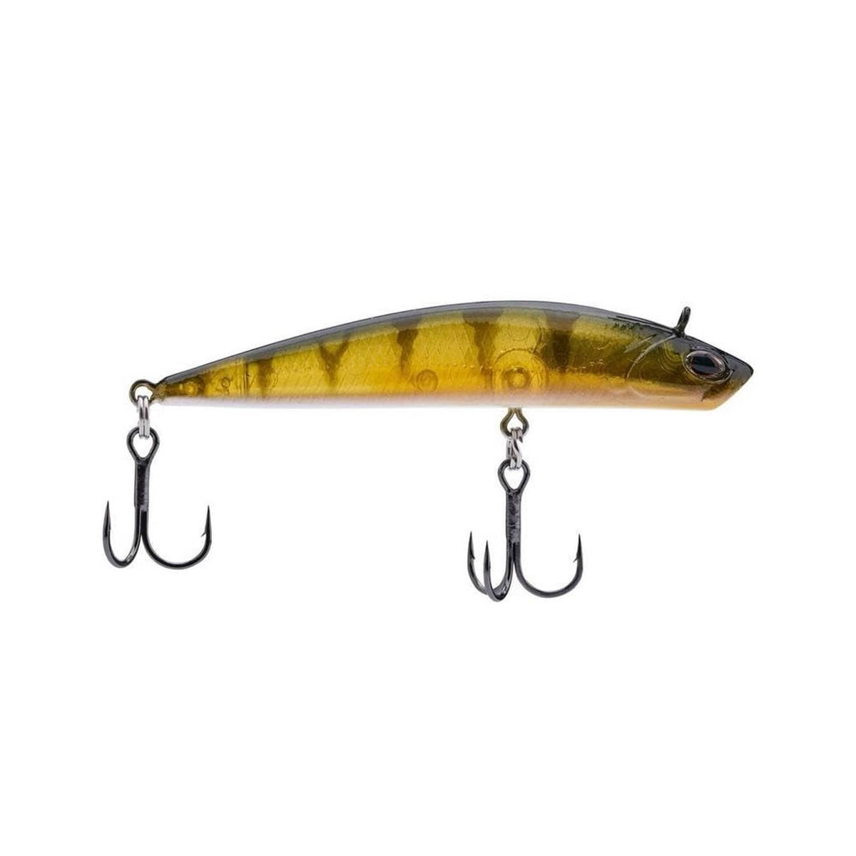 Perch-pattern fishing crankbait with two treble hooks, yellow and green body