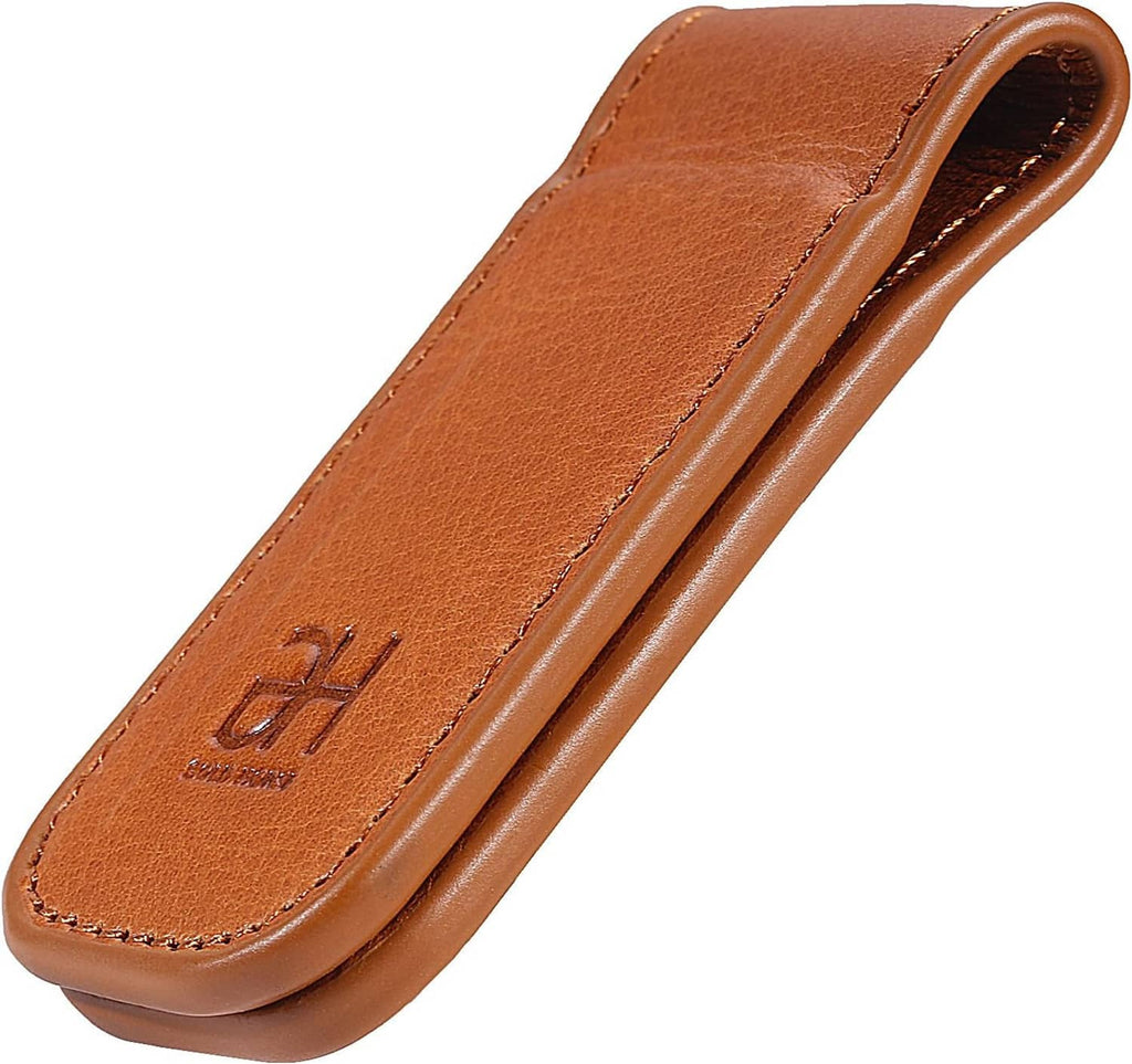 Brown leather magnetic money clip with DH logo, angled view