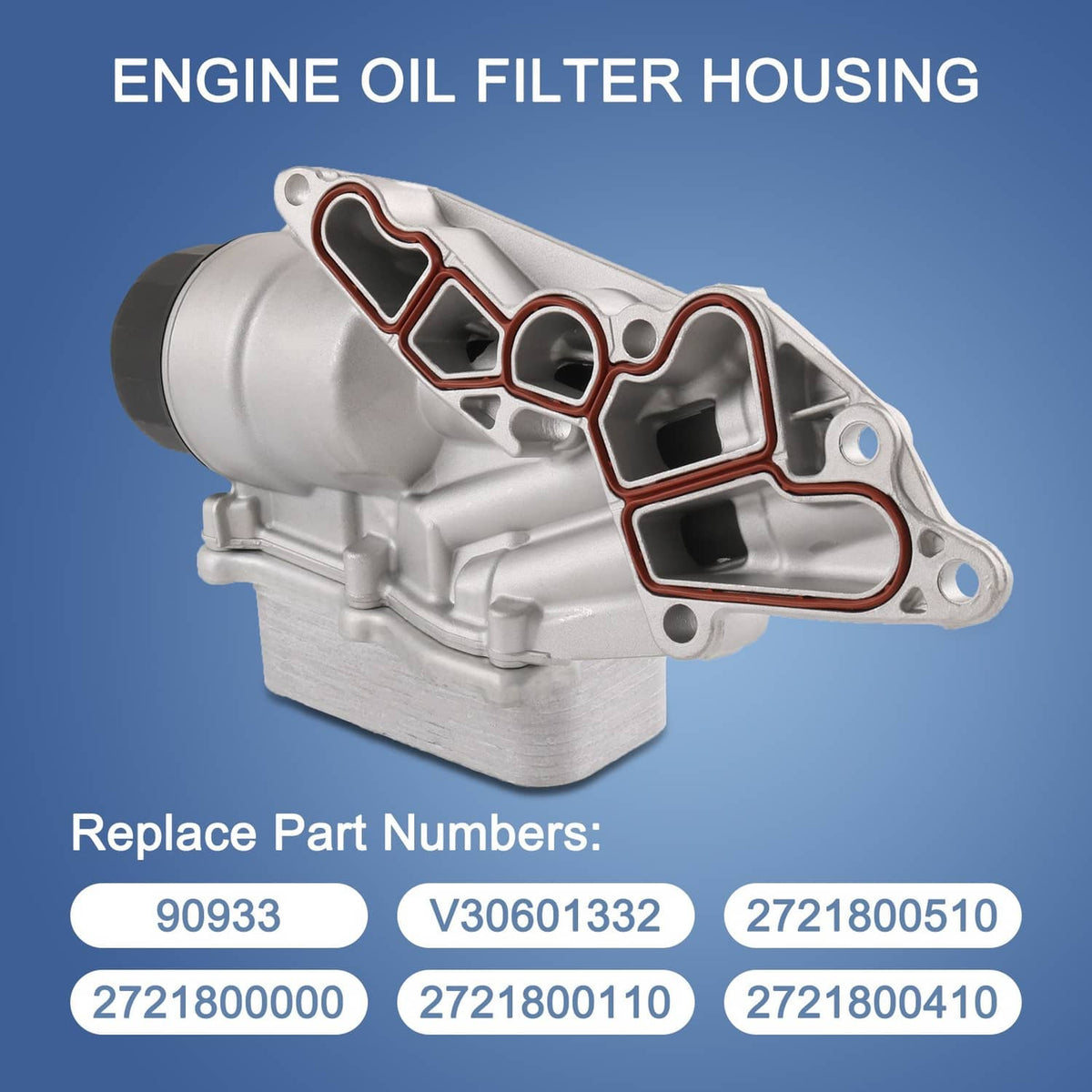 Engine oil filter housing with cooler, silver body with red gasket outline and ports