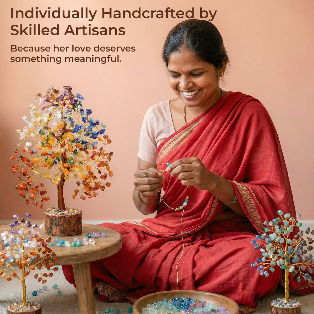 Handcrafted 7-chakra crystal tree of life ornament on wooden base, multicolor gemstone branches