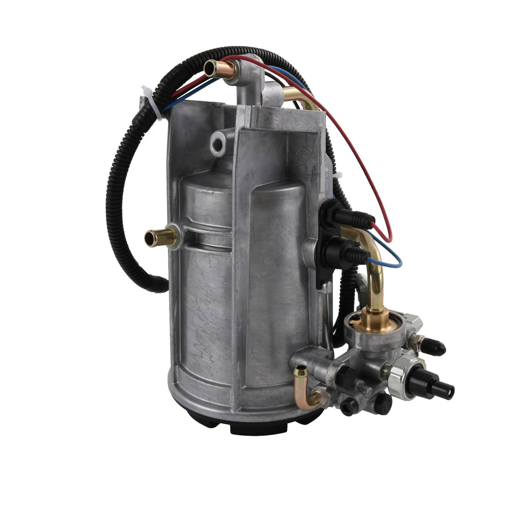 Fuel filter housing assembly with silver casing and black hose routing