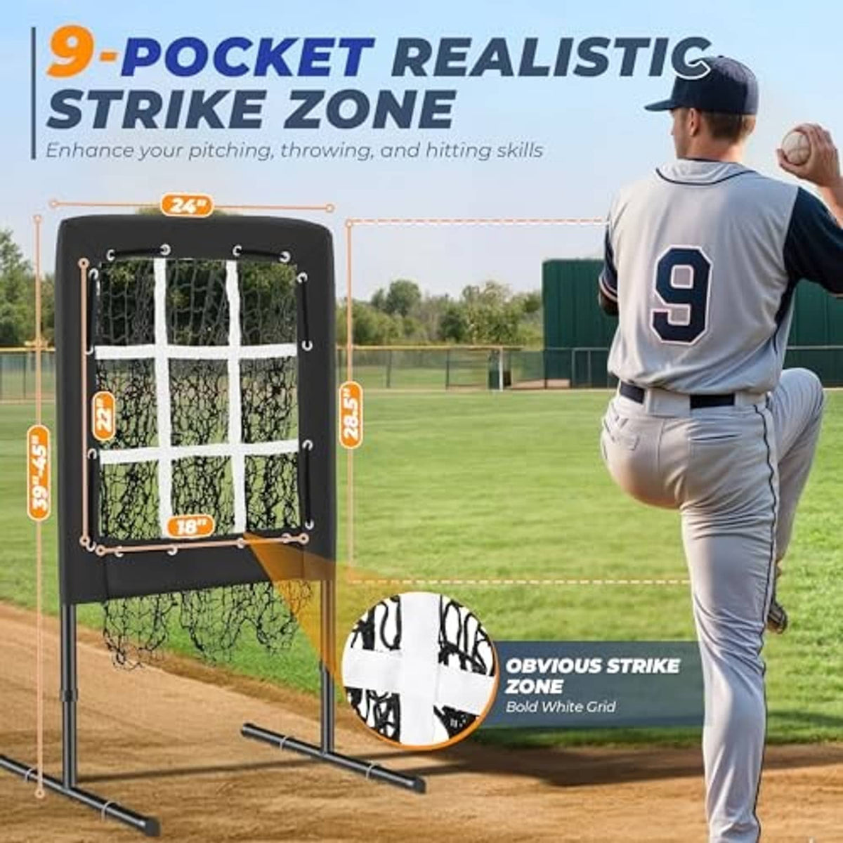 Pitching net with 9-pocket strike zone grid and tall black frame, shown outdoors