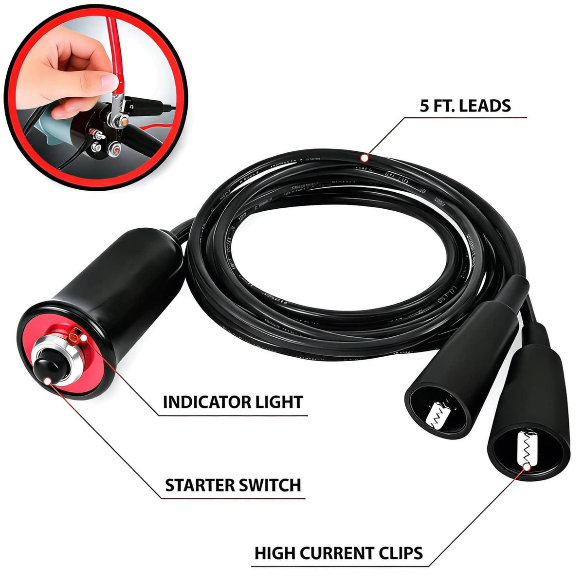 Black ignition tester starter switch with indicator light and long cable leads