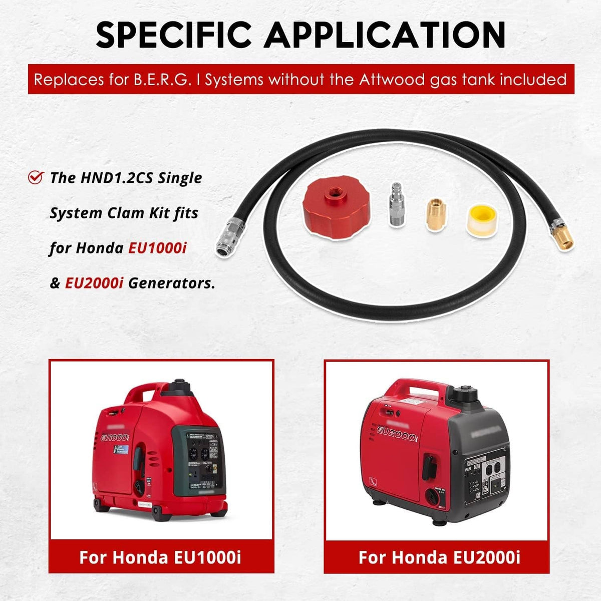 Fuel hose clam kit set with black hose, red cap, and connector fittings for generators