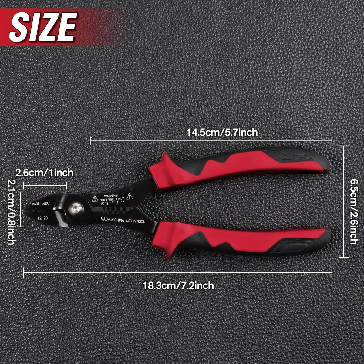 Red and black wire stripping crimping pliers, 18.3 cm long