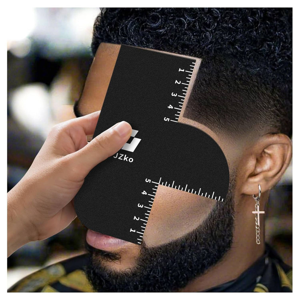 Black hairline shaping card ruler template held on side of beard and hair