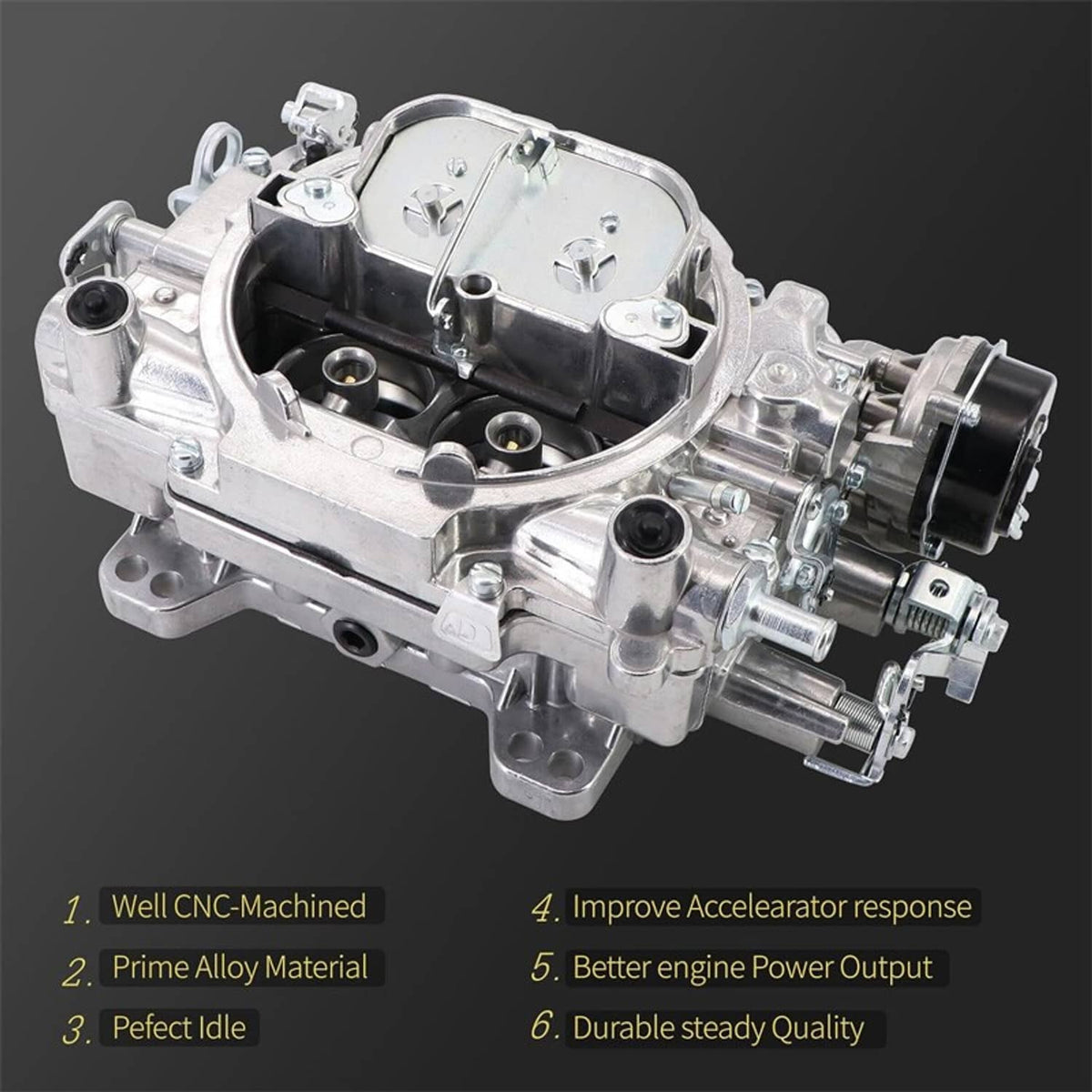 Aluminum 4-barrel carburetor with electric choke, detailed engine-side components