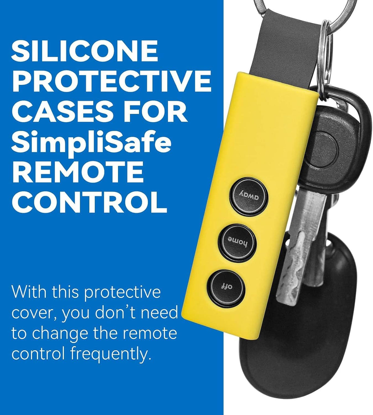 Yellow silicone key fob cover on a key ring with three black button covers