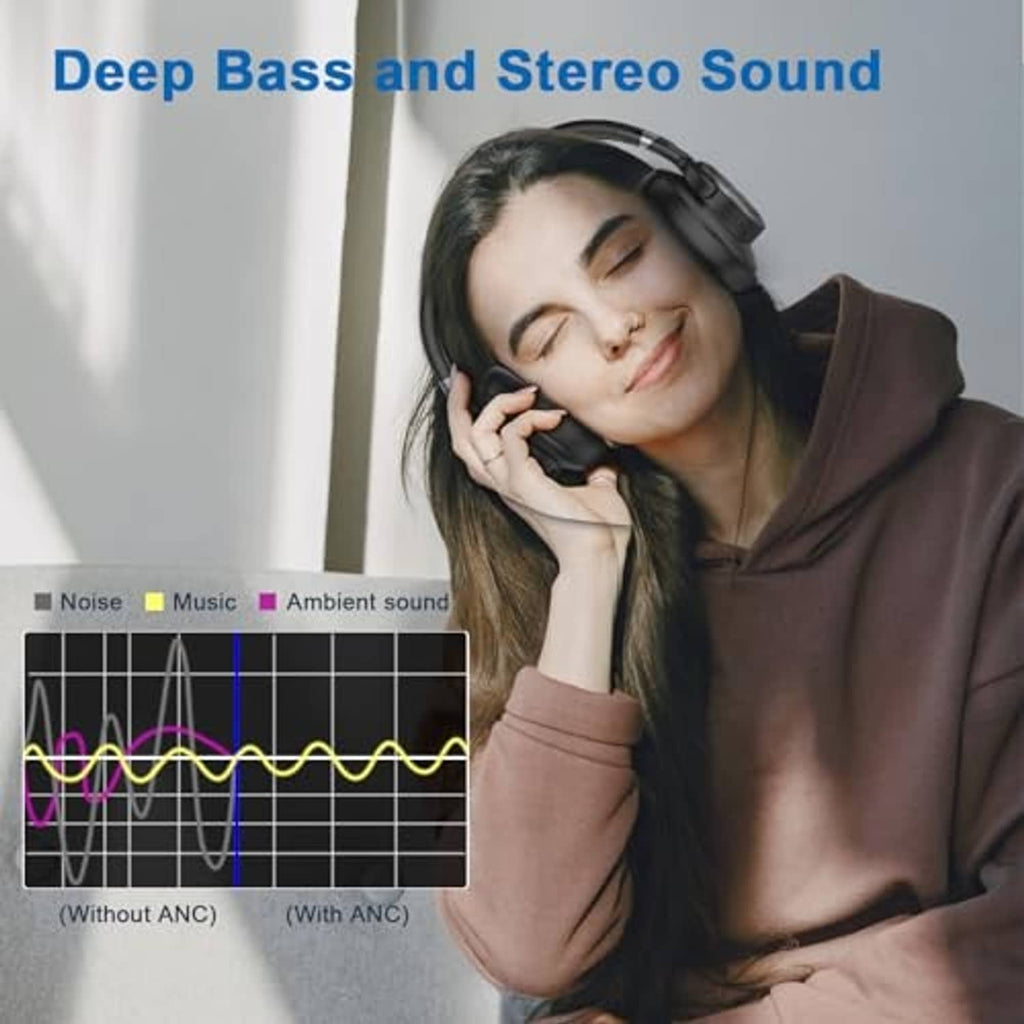 Black over-ear active noise cancelling headphones worn over the ears