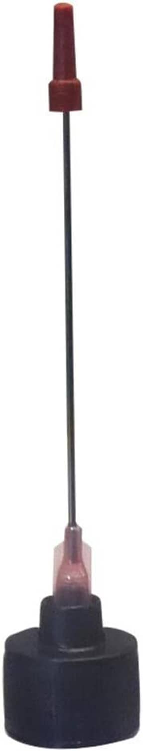 Dispensing bottle with long needle and red-tipped tip in black base cap