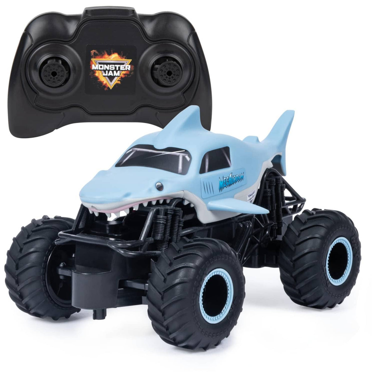 Megalodon light blue and black remote control monster truck with shark teeth mouth