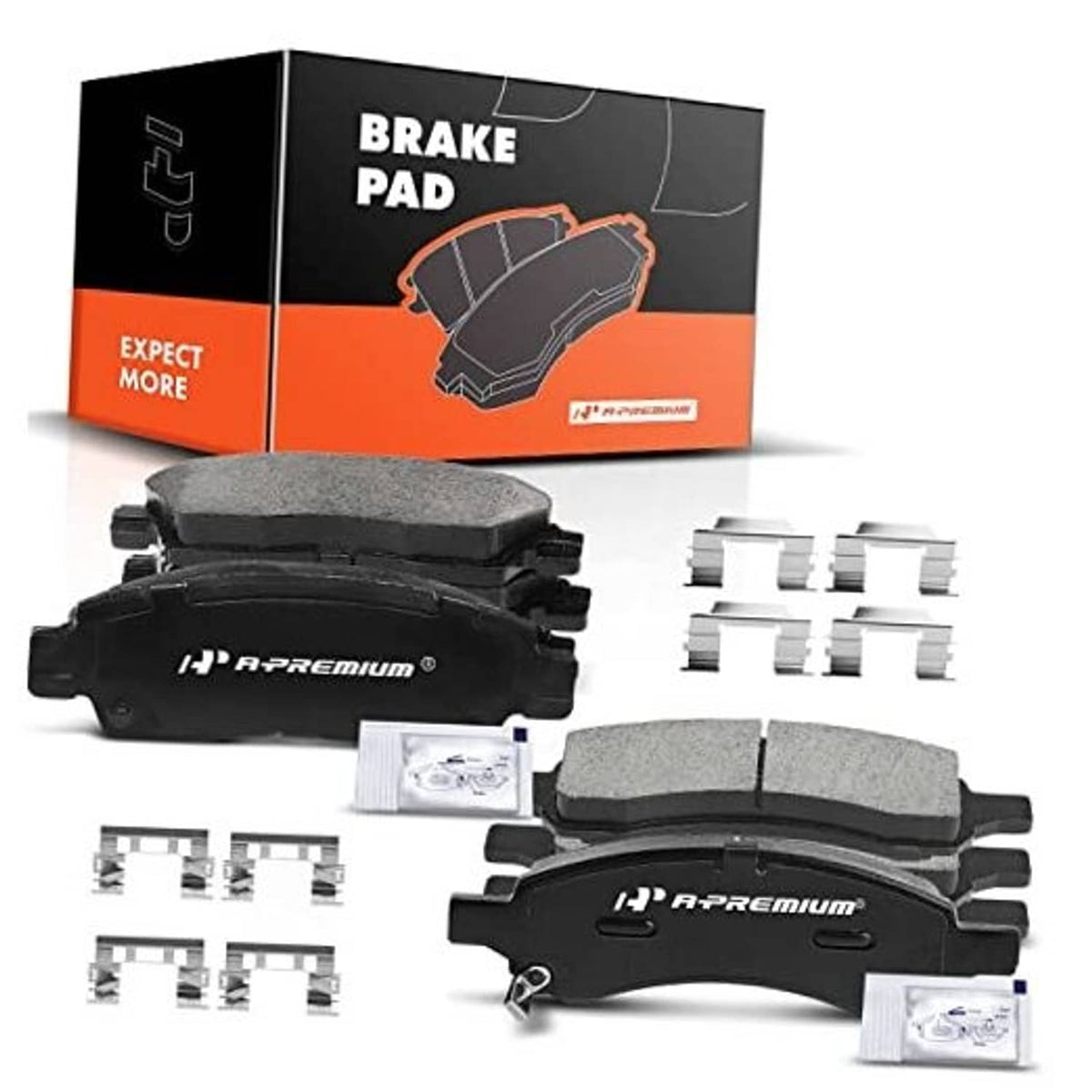Ceramic brake pads set with front and rear pads and metal mounting hardware